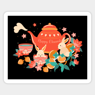 Chuseok Mid-Autumn Festival Teapot and Bunnies Sticker